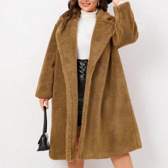 Plus Size camel open front Teddy Coat Jacket fall winter